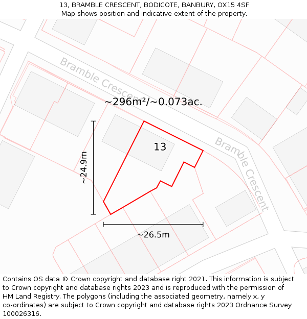 13, BRAMBLE CRESCENT, BODICOTE, BANBURY, OX15 4SF: Plot and title map