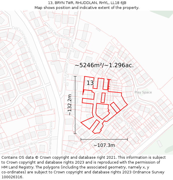 13, BRYN TWR, RHUDDLAN, RHYL, LL18 6JB: Plot and title map