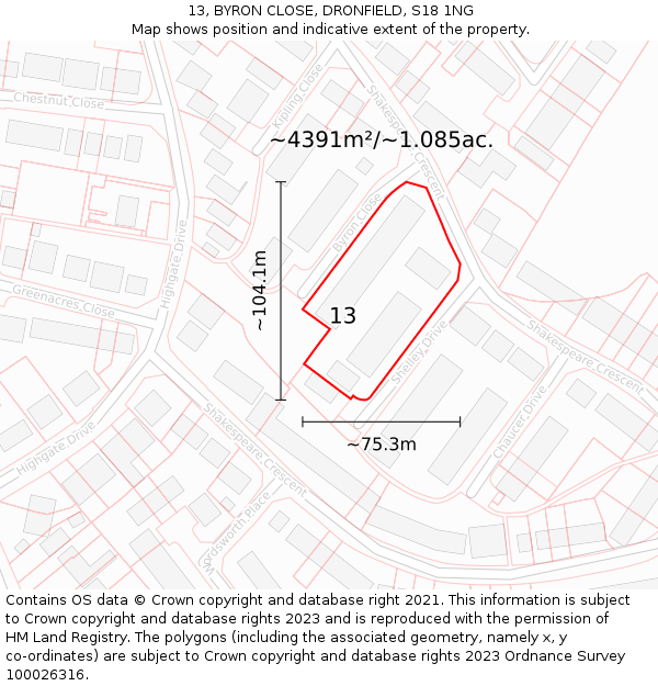 13, BYRON CLOSE, DRONFIELD, S18 1NG: Plot and title map