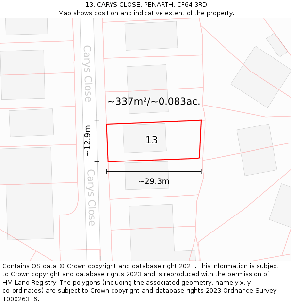 13, CARYS CLOSE, PENARTH, CF64 3RD: Plot and title map