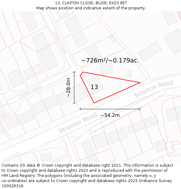 13, CLINTON CLOSE, BUDE, EX23 8ET: Plot and title map