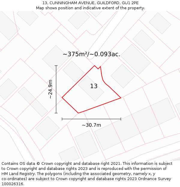 13, CUNNINGHAM AVENUE, GUILDFORD, GU1 2PE: Plot and title map