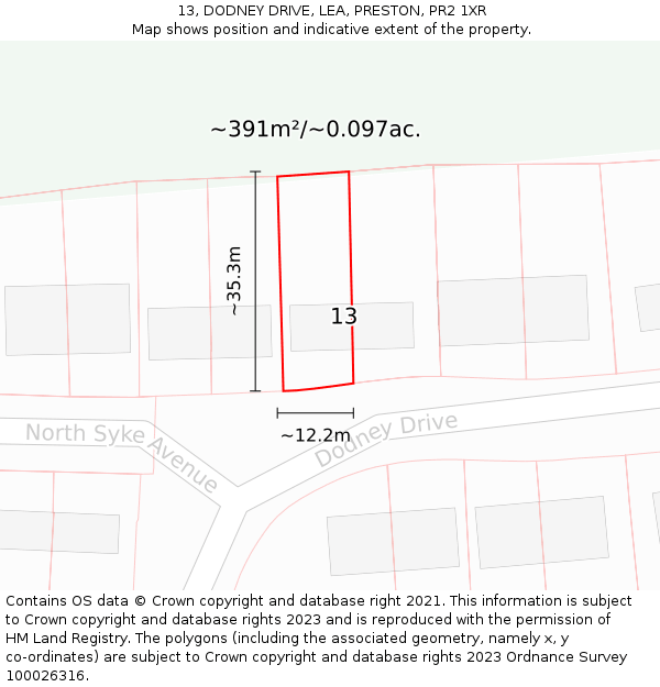 13, DODNEY DRIVE, LEA, PRESTON, PR2 1XR: Plot and title map