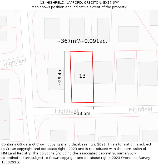 13, HIGHFIELD, LAPFORD, CREDITON, EX17 6PY: Plot and title map