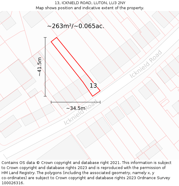 13, ICKNIELD ROAD, LUTON, LU3 2NY: Plot and title map