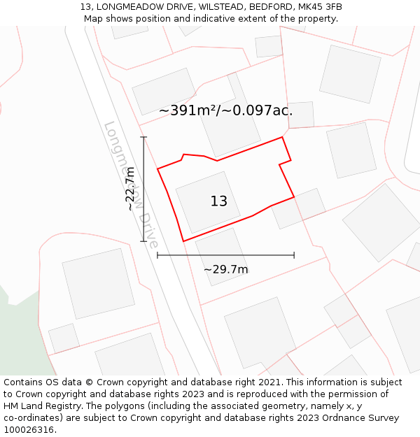 13, LONGMEADOW DRIVE, WILSTEAD, BEDFORD, MK45 3FB: Plot and title map