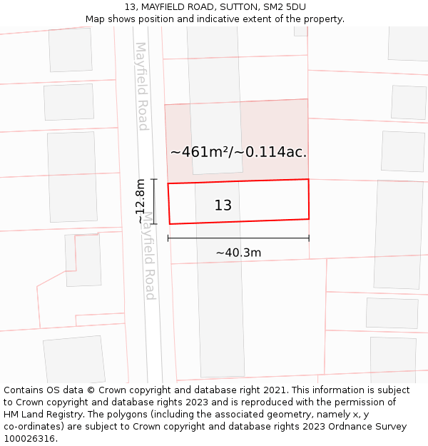 13, MAYFIELD ROAD, SUTTON, SM2 5DU: Plot and title map
