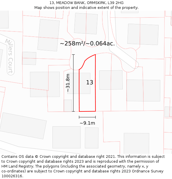 13, MEADOW BANK, ORMSKIRK, L39 2HG: Plot and title map