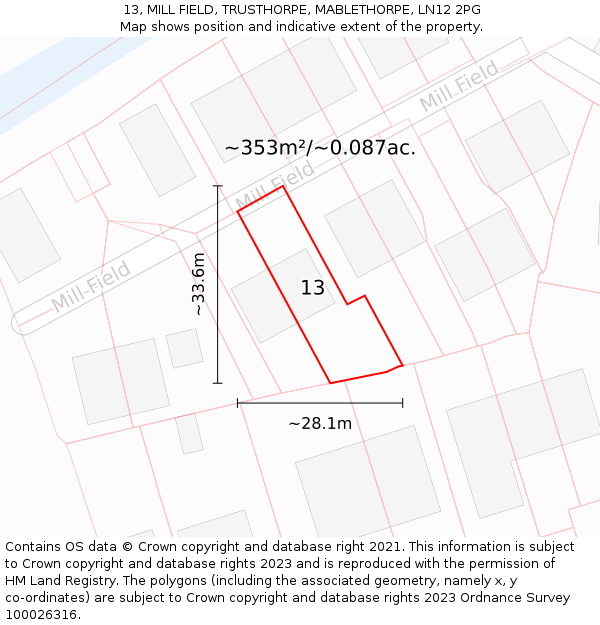 13, MILL FIELD, TRUSTHORPE, MABLETHORPE, LN12 2PG: Plot and title map