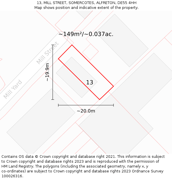 13, MILL STREET, SOMERCOTES, ALFRETON, DE55 4HH: Plot and title map