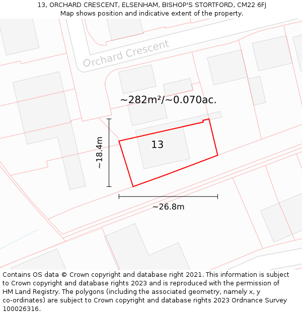 13, ORCHARD CRESCENT, ELSENHAM, BISHOP'S STORTFORD, CM22 6FJ: Plot and title map