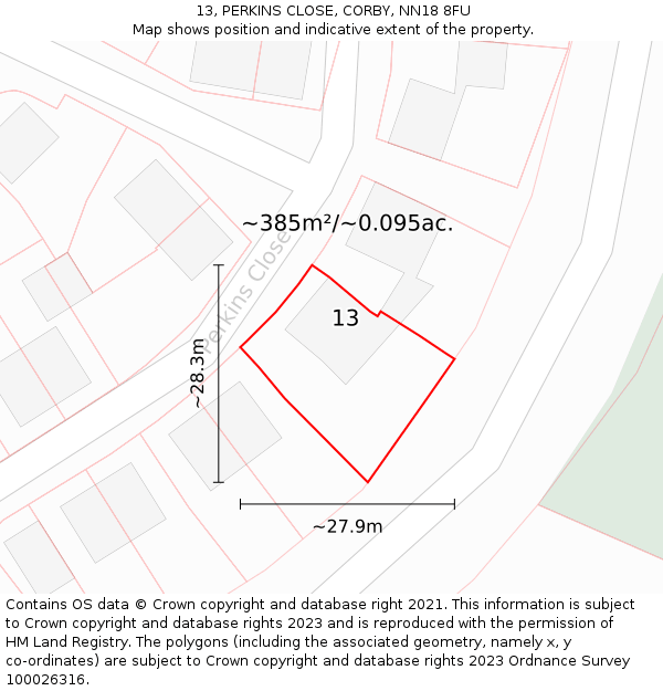 13, PERKINS CLOSE, CORBY, NN18 8FU: Plot and title map