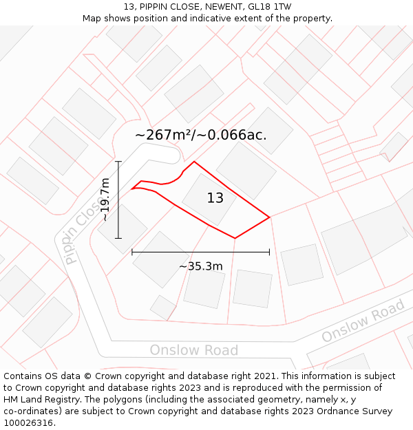 13, PIPPIN CLOSE, NEWENT, GL18 1TW: Plot and title map