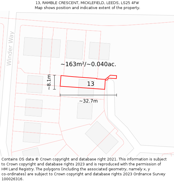 13, RAMBLE CRESCENT, MICKLEFIELD, LEEDS, LS25 4FW: Plot and title map