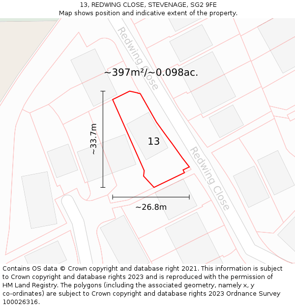 13, REDWING CLOSE, STEVENAGE, SG2 9FE: Plot and title map