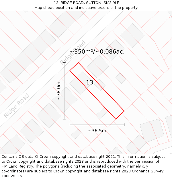 13, RIDGE ROAD, SUTTON, SM3 9LF: Plot and title map