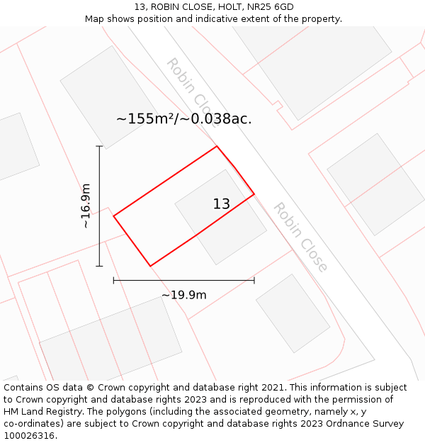 13, ROBIN CLOSE, HOLT, NR25 6GD: Plot and title map
