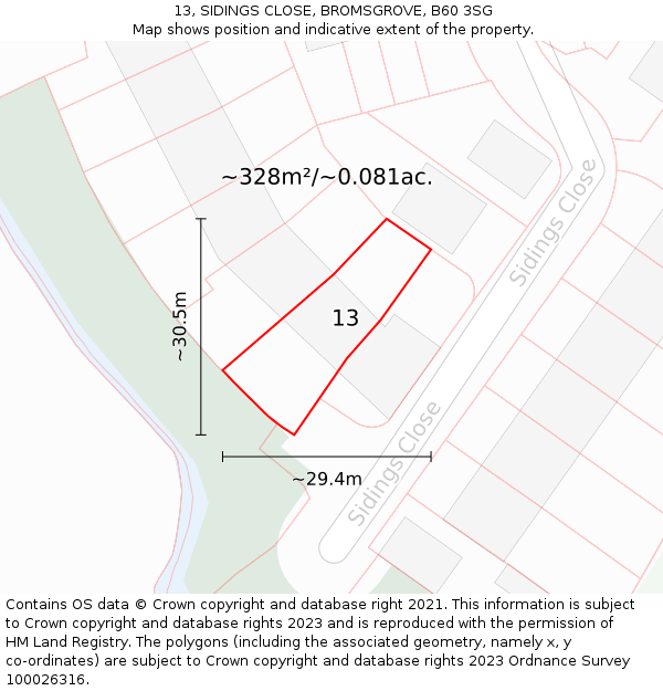 13, SIDINGS CLOSE, BROMSGROVE, B60 3SG: Plot and title map