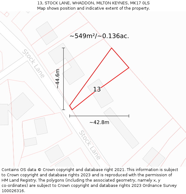 13, STOCK LANE, WHADDON, MILTON KEYNES, MK17 0LS: Plot and title map