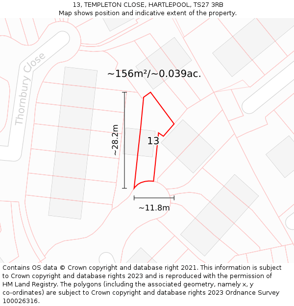 13, TEMPLETON CLOSE, HARTLEPOOL, TS27 3RB: Plot and title map