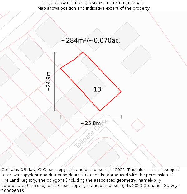 13, TOLLGATE CLOSE, OADBY, LEICESTER, LE2 4TZ: Plot and title map