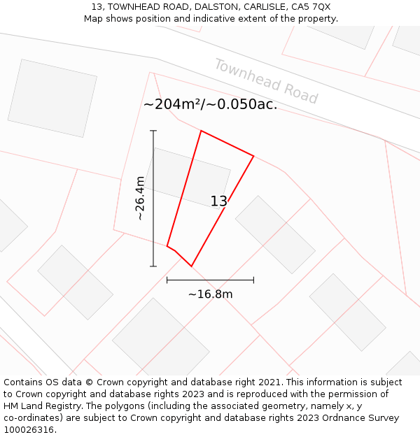 13, TOWNHEAD ROAD, DALSTON, CARLISLE, CA5 7QX: Plot and title map