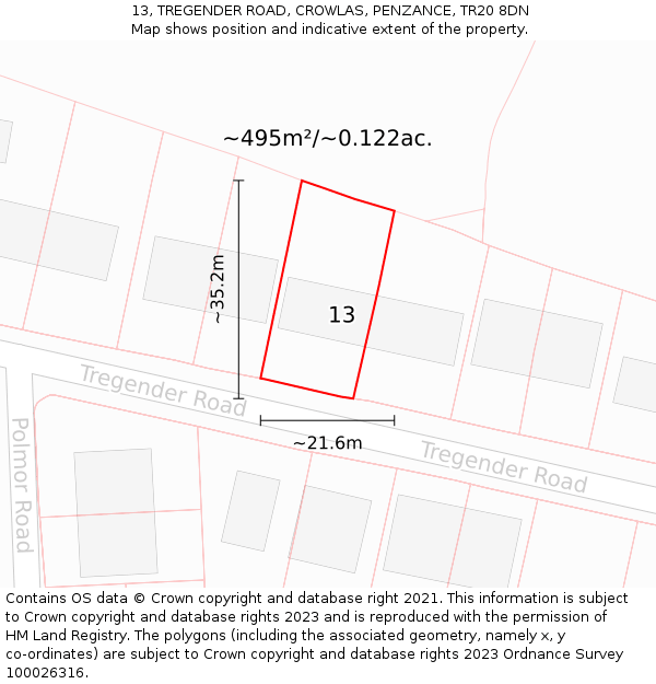 13, TREGENDER ROAD, CROWLAS, PENZANCE, TR20 8DN: Plot and title map