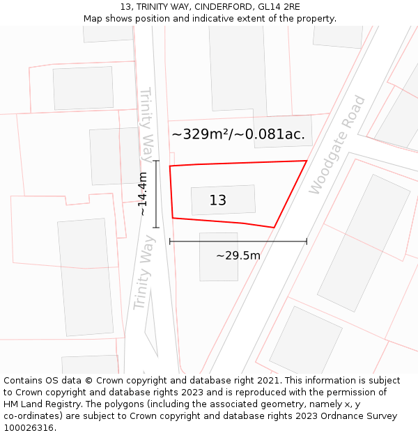 13, TRINITY WAY, CINDERFORD, GL14 2RE: Plot and title map