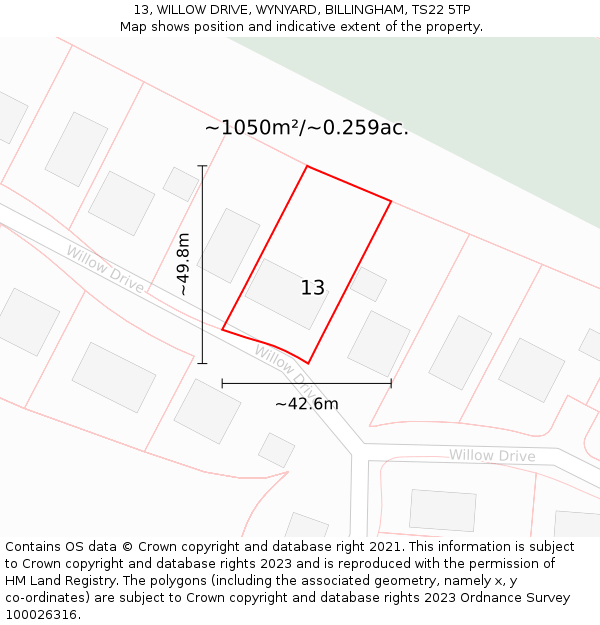 13, WILLOW DRIVE, WYNYARD, BILLINGHAM, TS22 5TP: Plot and title map