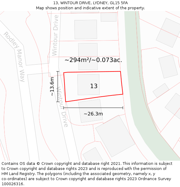 13, WINTOUR DRIVE, LYDNEY, GL15 5FA: Plot and title map