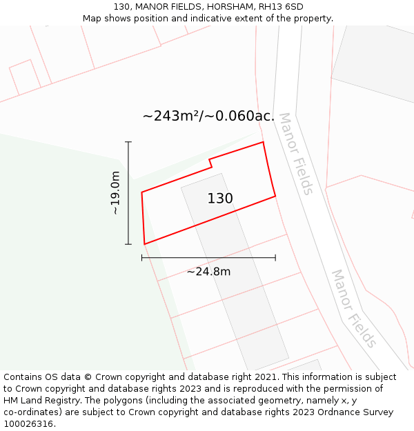 130, MANOR FIELDS, HORSHAM, RH13 6SD: Plot and title map