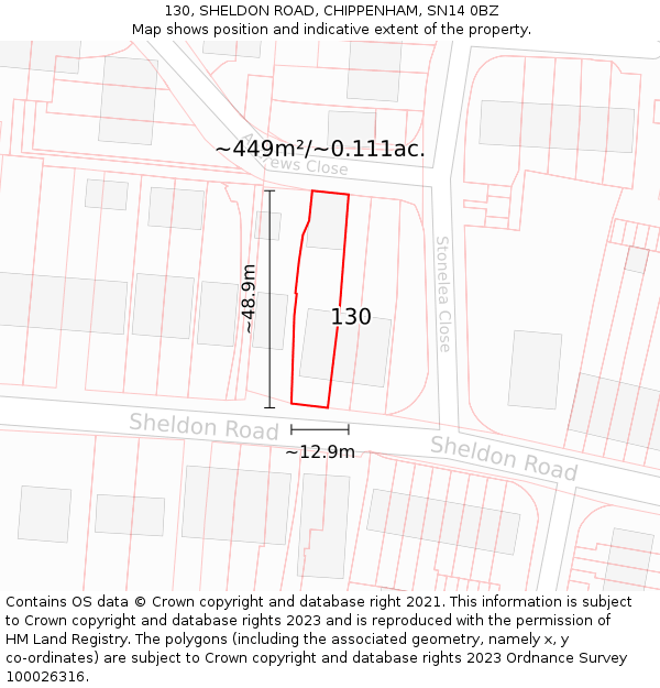130, SHELDON ROAD, CHIPPENHAM, SN14 0BZ: Plot and title map
