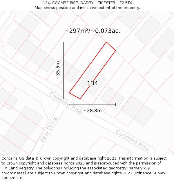 134, COOMBE RISE, OADBY, LEICESTER, LE2 5TX: Plot and title map