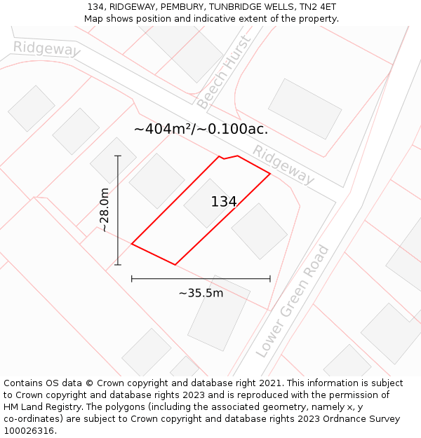 134, RIDGEWAY, PEMBURY, TUNBRIDGE WELLS, TN2 4ET: Plot and title map