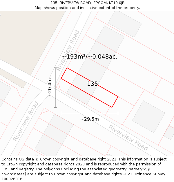 135, RIVERVIEW ROAD, EPSOM, KT19 0JR: Plot and title map