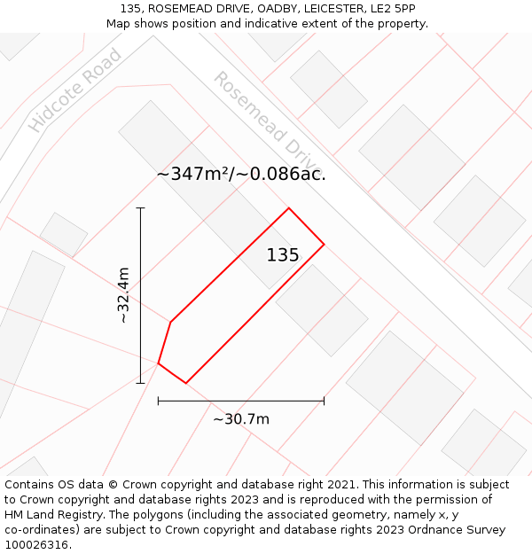 135, ROSEMEAD DRIVE, OADBY, LEICESTER, LE2 5PP: Plot and title map