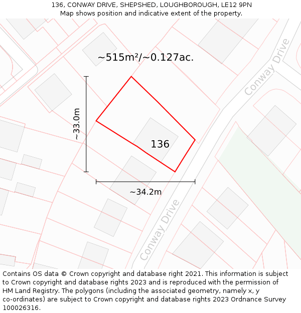 136, CONWAY DRIVE, SHEPSHED, LOUGHBOROUGH, LE12 9PN: Plot and title map