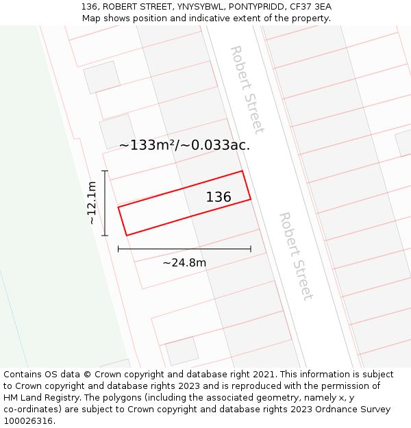 136, ROBERT STREET, YNYSYBWL, PONTYPRIDD, CF37 3EA: Plot and title map
