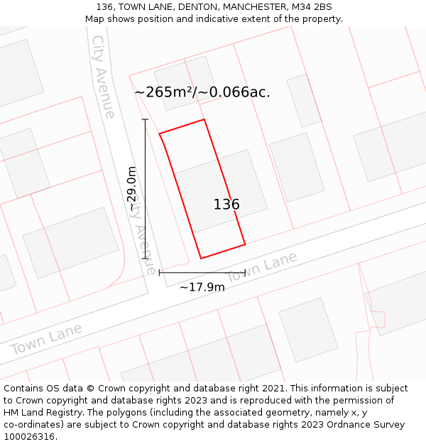 136, TOWN LANE, DENTON, MANCHESTER, M34 2BS: Plot and title map