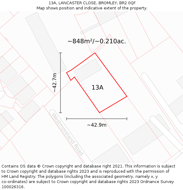 13A, LANCASTER CLOSE, BROMLEY, BR2 0QF: Plot and title map