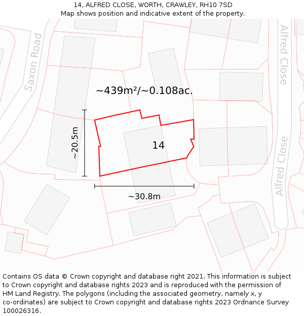 14, ALFRED CLOSE, WORTH, CRAWLEY, RH10 7SD: Plot and title map