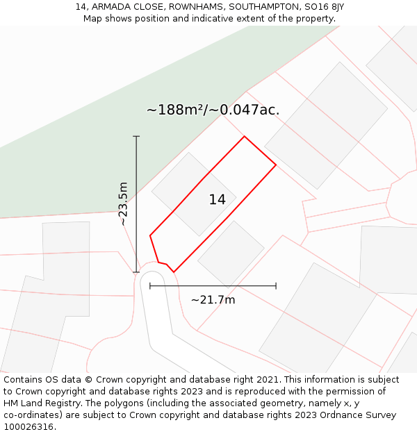 14, ARMADA CLOSE, ROWNHAMS, SOUTHAMPTON, SO16 8JY: Plot and title map