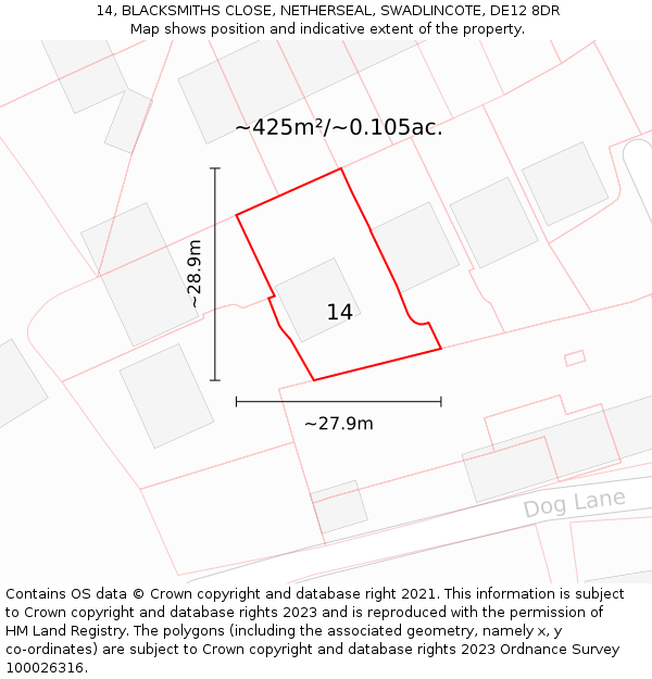 14, BLACKSMITHS CLOSE, NETHERSEAL, SWADLINCOTE, DE12 8DR: Plot and title map
