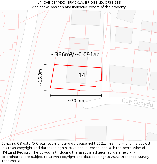 14, CAE CENYDD, BRACKLA, BRIDGEND, CF31 2ES: Plot and title map