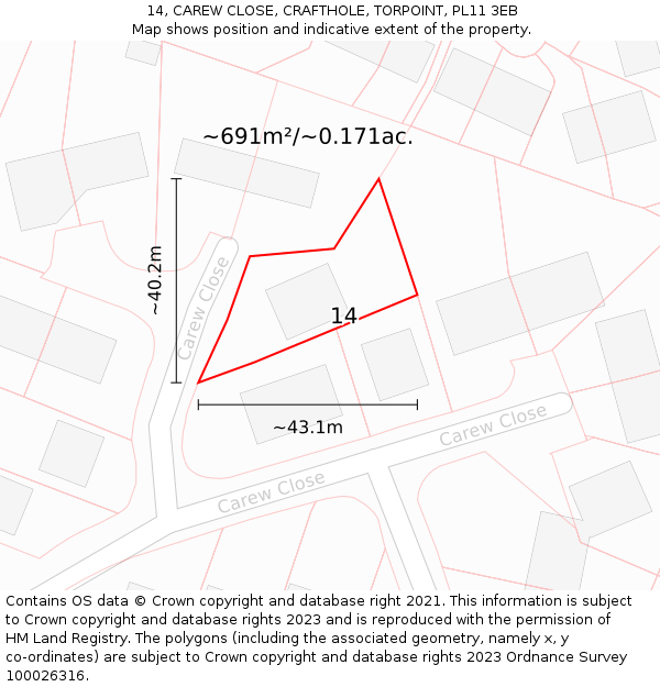 14, CAREW CLOSE, CRAFTHOLE, TORPOINT, PL11 3EB: Plot and title map