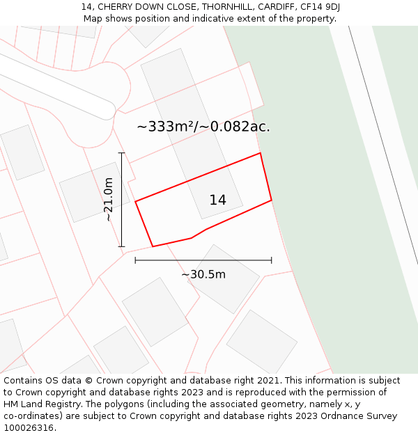 14, CHERRY DOWN CLOSE, THORNHILL, CARDIFF, CF14 9DJ: Plot and title map