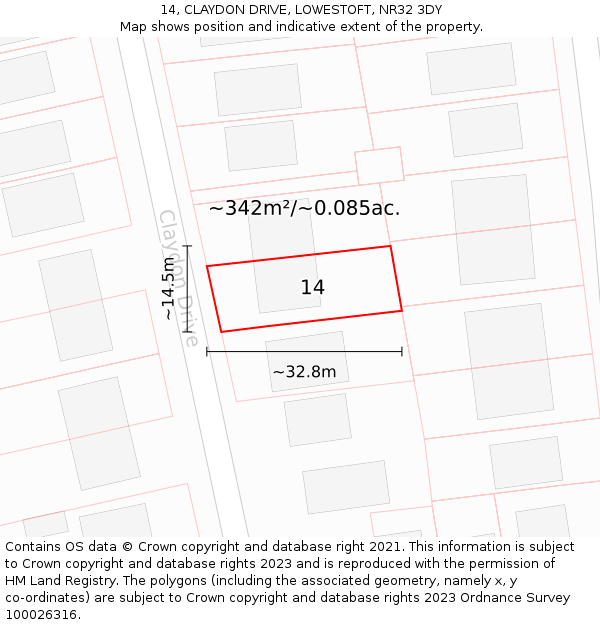14, CLAYDON DRIVE, LOWESTOFT, NR32 3DY: Plot and title map