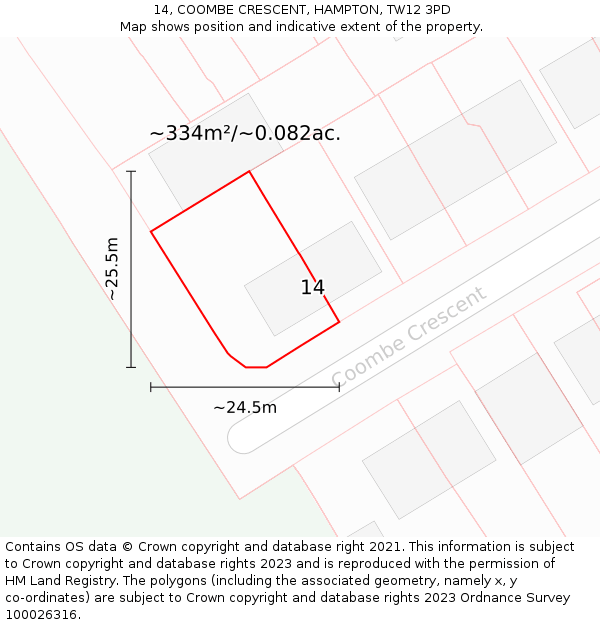 14, COOMBE CRESCENT, HAMPTON, TW12 3PD: Plot and title map