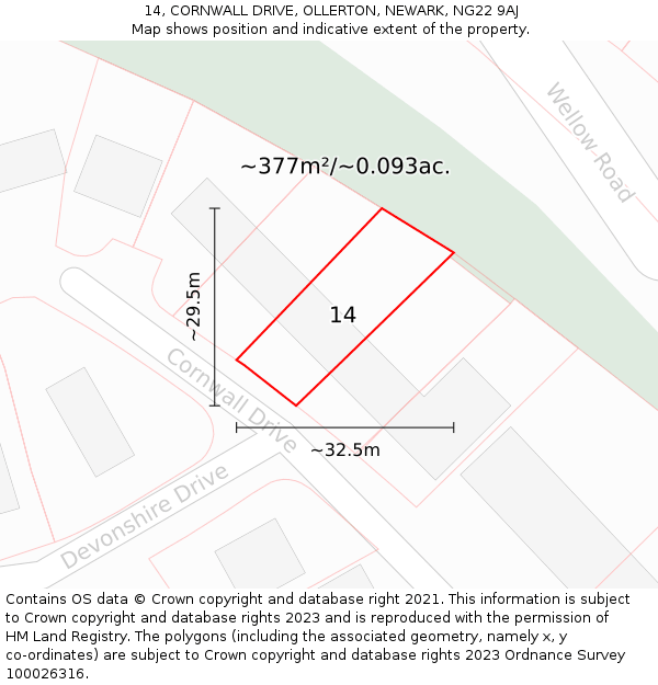 14, CORNWALL DRIVE, OLLERTON, NEWARK, NG22 9AJ: Plot and title map