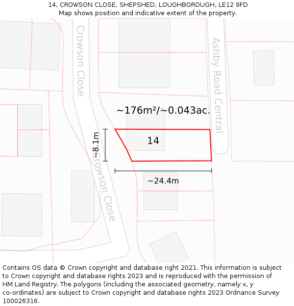 14, CROWSON CLOSE, SHEPSHED, LOUGHBOROUGH, LE12 9FD: Plot and title map
